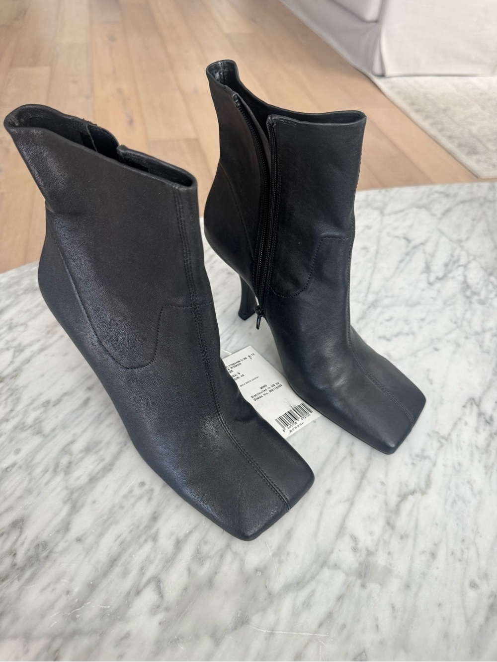 Mango Black Square-Toe Leather Ankle Boots